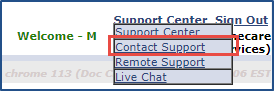 Image of the Support Center Menu, highlighting the Contact Support option.